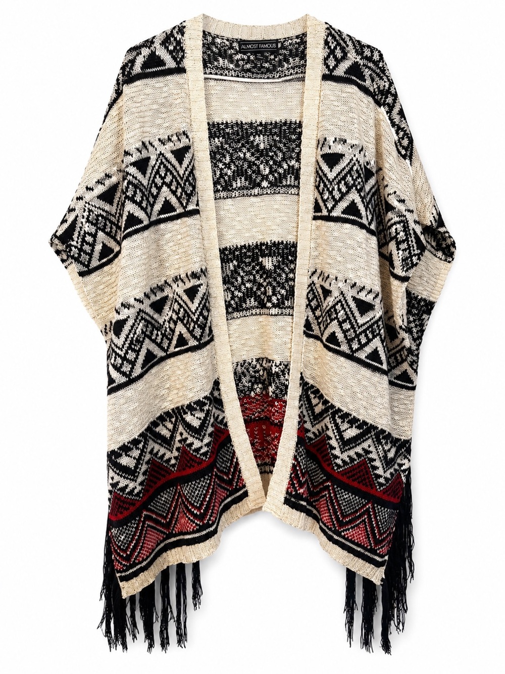 L XL Aztec Fringe Cardigan Open Front Boho Southwestern Poncho